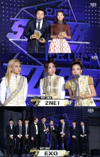 '가요대전' 엑소-2NE1 남녀 그룹상 영예…이수만·양현석 감사