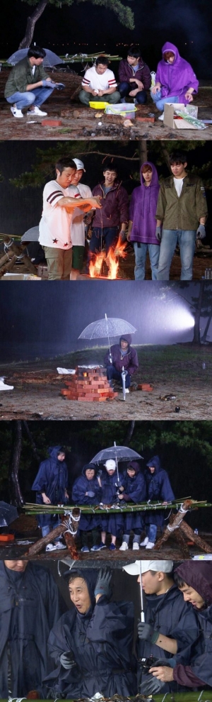 "야생의 맛"…'집사부일체' 이승기·이상윤 등, 김병만과 폭우 속 '폭풍 먹방'