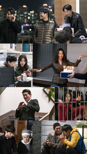 “생일파티부터 손하트까지”...'열혈사제', 웃음만발 촬영장 비하인드 컷 대방출