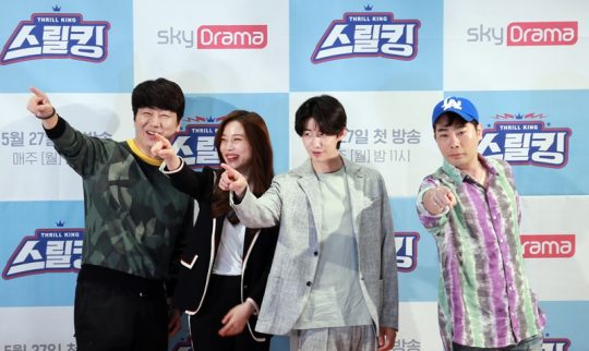 김수로(왼쪽부터), 윤소희, 송재림, 뮤지가 27일 오전 서울 상암동 DDMC에서 열린 Skydrama 새 예능 프로그램 ‘스릴킹’ 기자간담회에 참석했다./사진제공=sky tv
