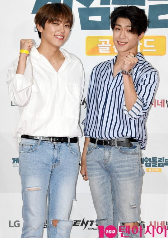 온앤오프 MK와 와이엇이 17일 오전 서울 마포구 상암동 에스플렉스센터 OGN e스타디움에서 열린 게임돌림픽 2019 : 골든카드 공개 녹화 레드카펫 행사에 참석하고 있다.