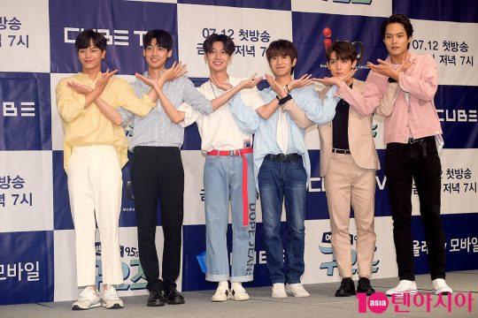 가수 육성재(왼쪽부터), 조영민, 조광민, 노민우, 리키, 모델 백경도가 12일 오후 서울 도화동 베스트웨스턴프리미어서울가든호텔에서 열린 큐브TV ‘예쁘장한 구오즈’ 제작발표회에 참석했다./ 서예진 기자 yejin@