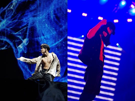 그룹 엑소의 수호(왼쪽)와 카이가 21일 오후 서울 방이동 올림픽공원 KSPO DOME(올림픽 체조경기장)에서 열린 다섯 번째 단독 콘서트 ‘엑소 플래닛 #5 – 익스플로레이션 -(EXO PLANET #5 – EXplOration -)’에서 솔로 무대를 선보였다. / 사진제공=SM엔터테인먼트