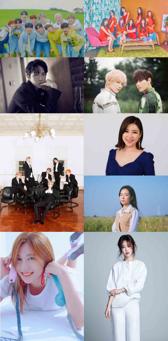 SBS MTV ‘더쇼’에 출연하는 가수 엑스원(맨 위 왼쪽부터 시계 방향으로), 러블리즈, JBJ95, 송가인, 홍자, 백지영, 오하영, NCT DREAM, 김재환. /사진제공=SBS