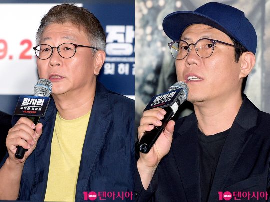 영화 ‘장사리: 잊혀진 영웅들’을 공동연출한 곽경택(왼쪽), 김태훈 감독이 18일 오후 서울 한강로 CGV용산아이파크몰에서 열린 언론시사회에서 영화에 대해 설명하고 있다. /서예진 기자 yejin@