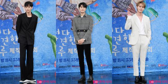 A3의 멤버 김영대(왼쪽부터)와 정건주, 극 중 진미채라는 별명으로 불리는 이태리. /이승현 기자 lsh87@