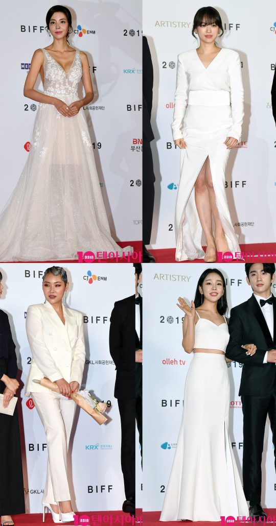우아한 화이트 드레스를 선보인 배우 김규리(첫줄 왼쪽부터), 천우희와 개성 있는 스타일을 자랑한 치타(아랫줄 왼쪽부터), 백아연. /부산=조준원 기자 wizard333@