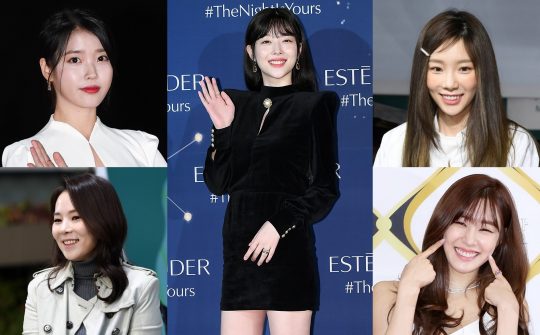 가수 아이유(왼쪽부터 시계방향), 고(故) 설리, 가수 태연, 티파니, 작가 겸 방송인 곽정은 / 사진=텐아시아DB