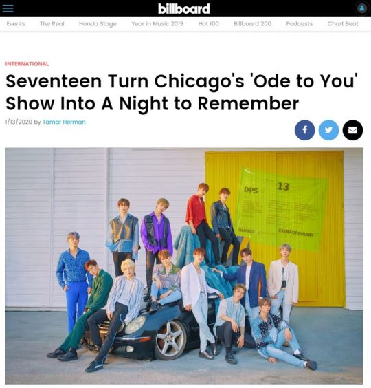 미국 빌보드가 지난 13일 그룹 세븐틴의 월드투어를 집중 조명했다./사진= 빌보드 캡쳐