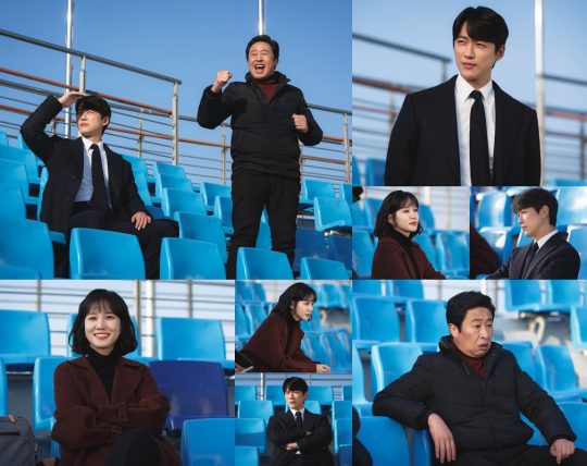 전지훈련장에서 경기를 지켜보는 ‘스토브리그’ 남궁민, 이대연, 박은빈. /사진제공=SBS