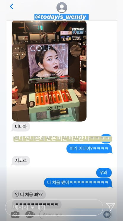 예리와 웬디가 나눈 메시지 대화/ 사진=예리 인스타그램