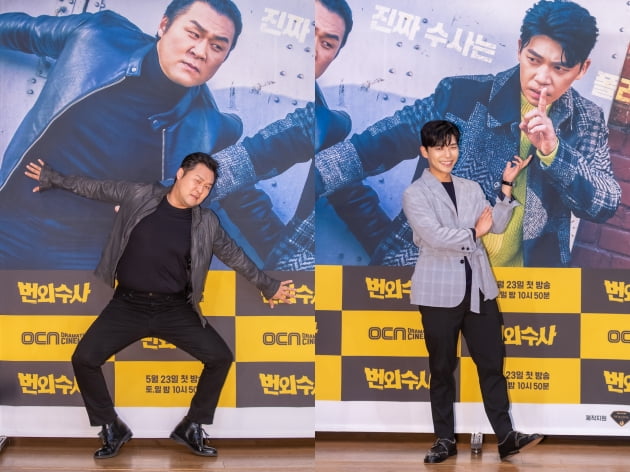 배우 윤경호(왼쪽)와 지승현은 '번외수사'에서 각각 작은 칵테일 바를 운영하는 테디 정으로, 탐정 탁원으로 분한다. /사진제공=OCN