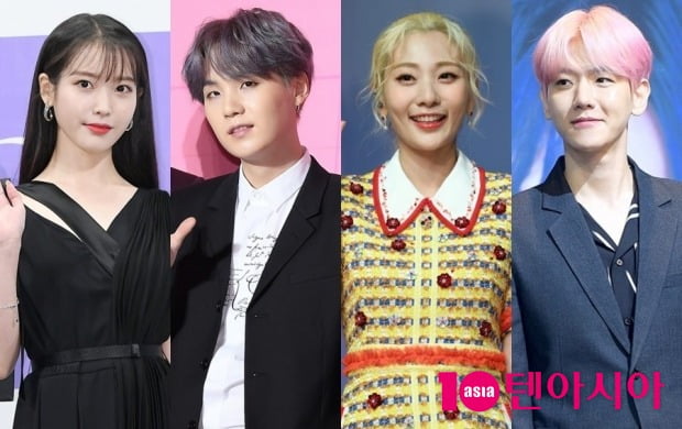 가수 아이유(왼쪽부터), 그룹 방탄소년단의 슈가, 볼빨간사춘기 안지영, 그룹 엑소의 백현 / 사진=텐아시아DB