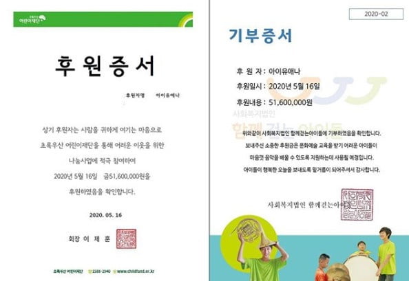 후원 증서 / 사진 = 이담엔터테인먼트 제공
