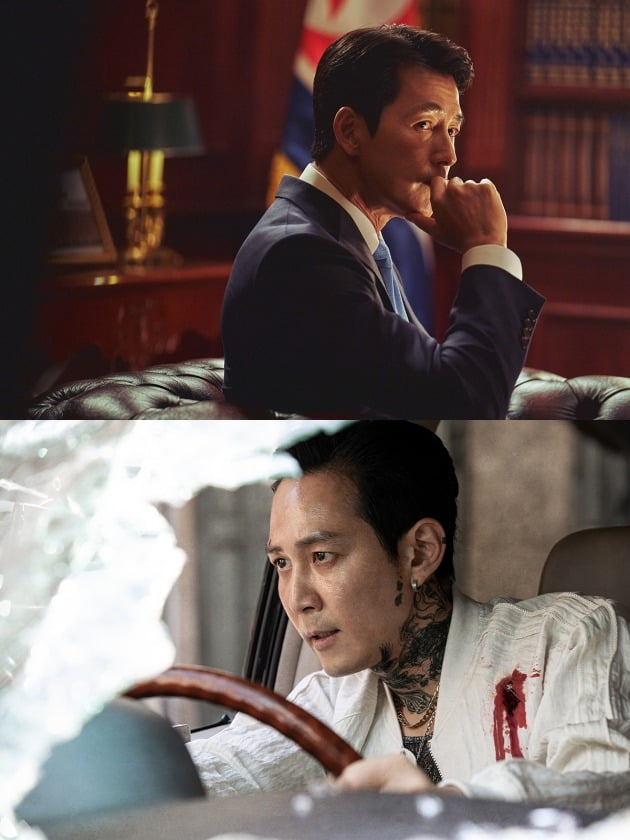 영화 '강철비2'의 정우성(위)과 '다만 악에서 구하소서'의 이정재 / 사진제공=롯데엔터테인먼트, CJ엔터테인먼트