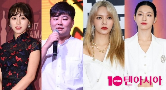 권민아(왼쪽부터), FNC엔터테인먼트 대표 한성호, AOA 지민, AOA 설현 / 사진=텐아시아DB