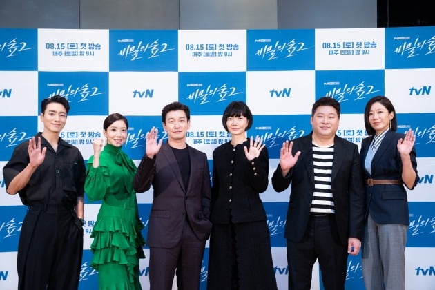 배우 이준혁(왼쪽부터), 윤세아, 조승우, 배두나, 최무성, 전혜진이 11일 오후 온라인 생중계된 tvN 새 토일드라마 ‘비밀의 숲2’ 제작발표회에 참석했다. /사진제공=tvN