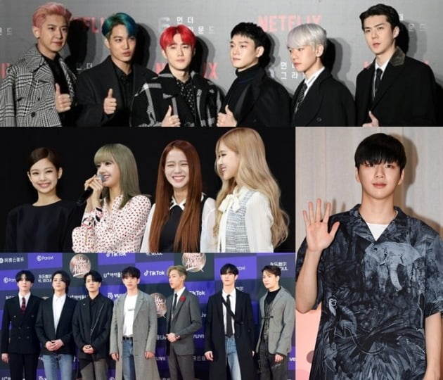 그룹 엑소(왼쪽 위부터), 블랙핑크, 갓세븐, 가수 강다니엘 /사진= 텐아시아DB