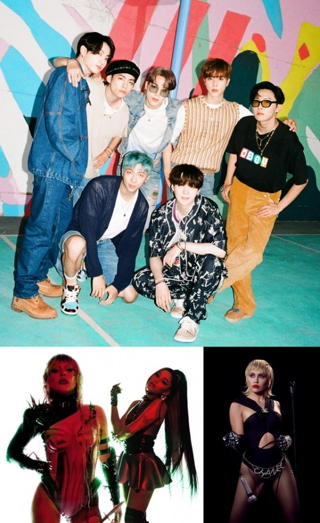 방탄소년단(위부터 시계방향으로), 마일리사이러스, 아리아나그란데, 레이디가가/ 사진=SBS미디어넷 제공