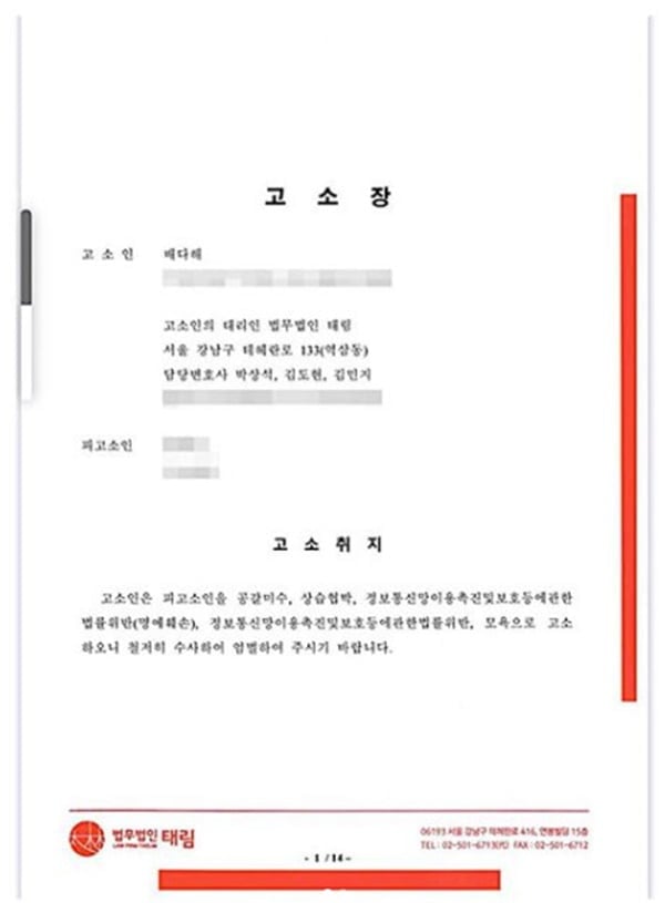 고소장 / 사진 = 배다해 인스타그램
