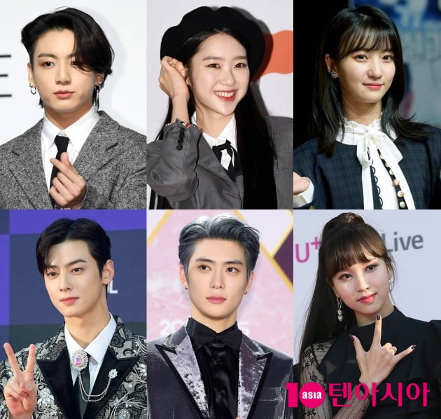 그룹 방탄소년단 정국(왼쪽상단부터 시계방향), 오마이걸 지호·비니, 트와이스 미나, NCT 재현, 아스트로 차은우 / 사진=텐아시아DB
