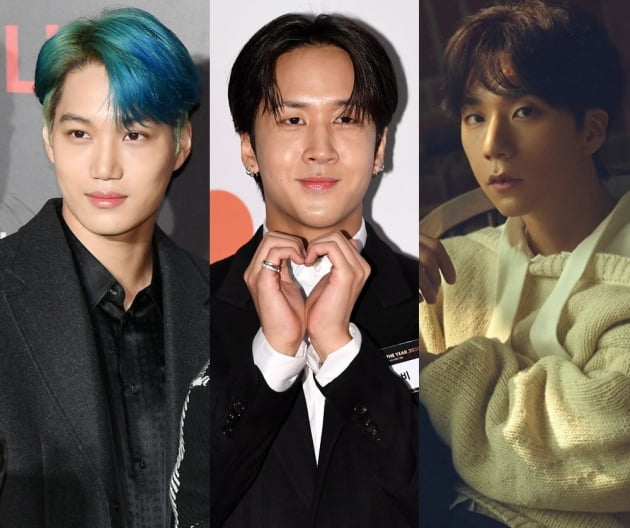그룹 엑소의 카이(왼쪽), 라비, 핫샷의 김티모테오 