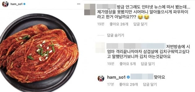 함소원이 SNS에 올린 김치 이미지(왼쪽)와 댓글/ 사진=인스타그램