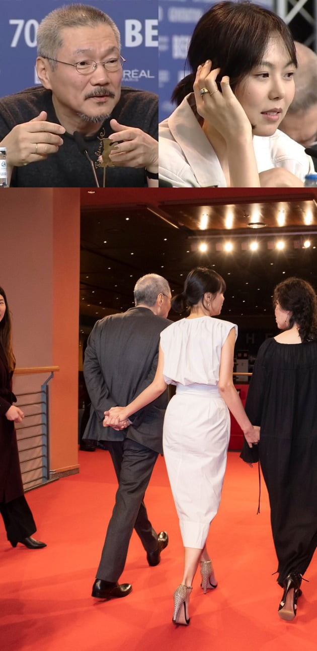 제70회 베를린영화제의 영화 '도망친 여자' 관련 행사에서 커플링을 끼고 손을 잡은 모습이 포착된 홍상수 감독(왼쪽), 배우 김민희. /사진=베를린영화제 SNS 캡처