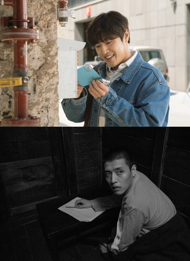 영화 '비와 당신의 이야기'에서 강하늘(위)과 '동주'에서의 강하늘 / 사진제공=각 배급사
