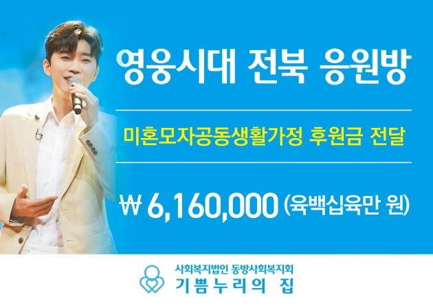 '영웅시대 전북응원방', 임영웅 생일 맞아 미혼모자 후원금 616만원 쾌척
