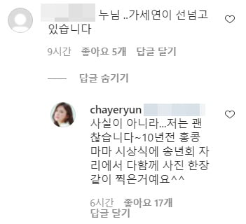 배우 차예련이 남긴 SNS 댓글/ 사진=인스타그램