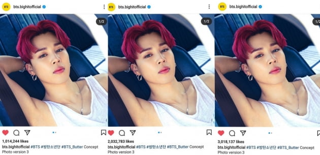 방탄소년단 지민, 22시간만에 '버터' 포토 인스타 600만 '하트' 돌파 韓남자연예인 신기록