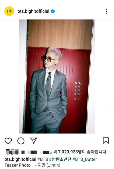 방탄소년단 지민,.韓남자연예인 최초 인스타그램 컨셉포토 3개 700만 '좋아요' 달성