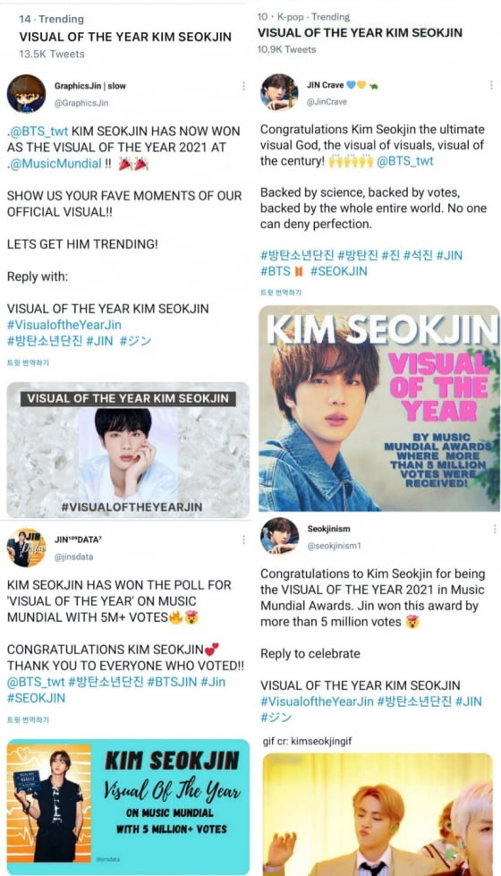 방탄소년단 진, 벌써 6번째 비주얼 투표에서 1위 독식