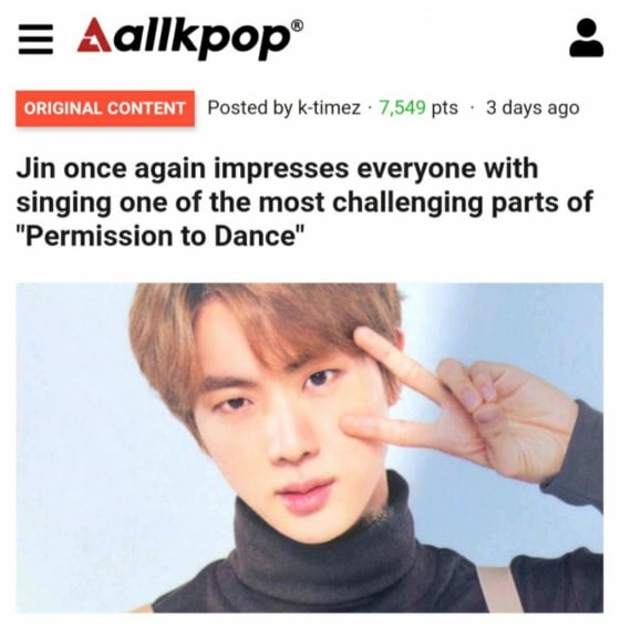 방탄소년단 진, 美 매체의 연이은 찬사, '퍼미션 투 댄스'에서 보여준 벨팅킹 면모