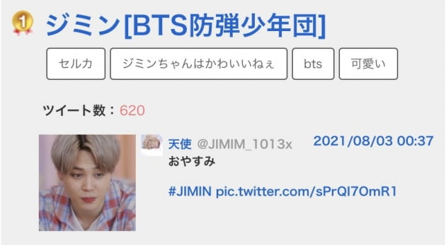 '빌보드 핫100 9번째 1위' 방탄소년단 지민...日유명인 랭킹 트위플1위