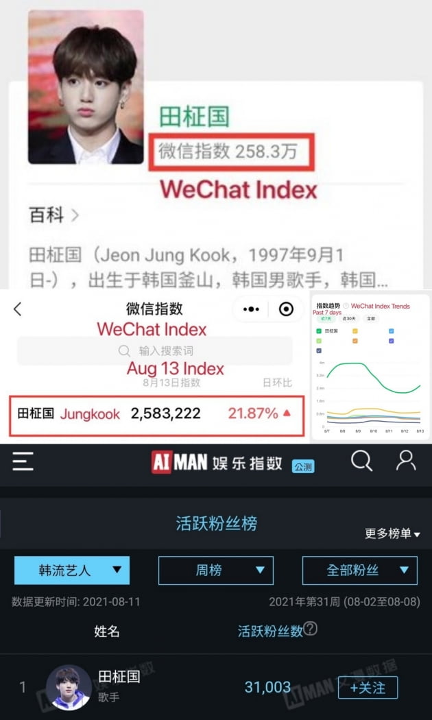 "대륙서도 막강 인기" 방탄소년단 정국, 中 국민앱 위챗인덱스 그룹 멤버 중 1위