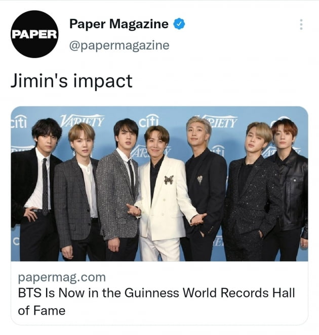 방탄소년단 英기네스 월드 레코드 '명예의 전당' 등재, 美언론 지민 단독 조명 'Jimin's Impact'
