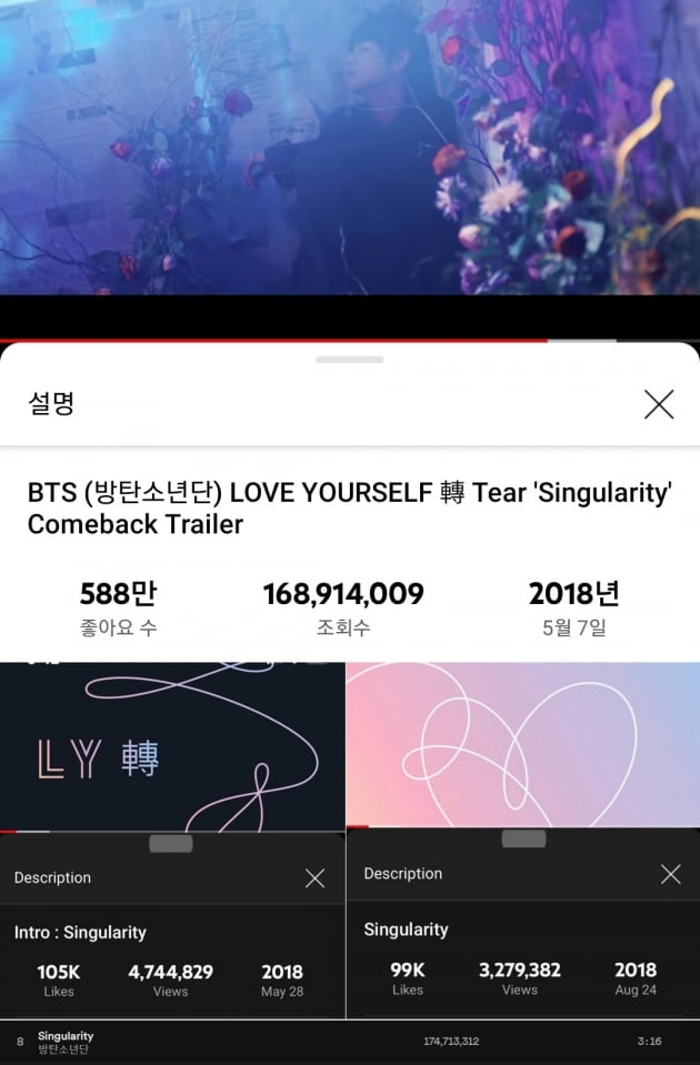 방탄소년단 뷔, '싱귤래리티' 스포티파이+유튜브 합계 3억5000만 스트리밍 기록 