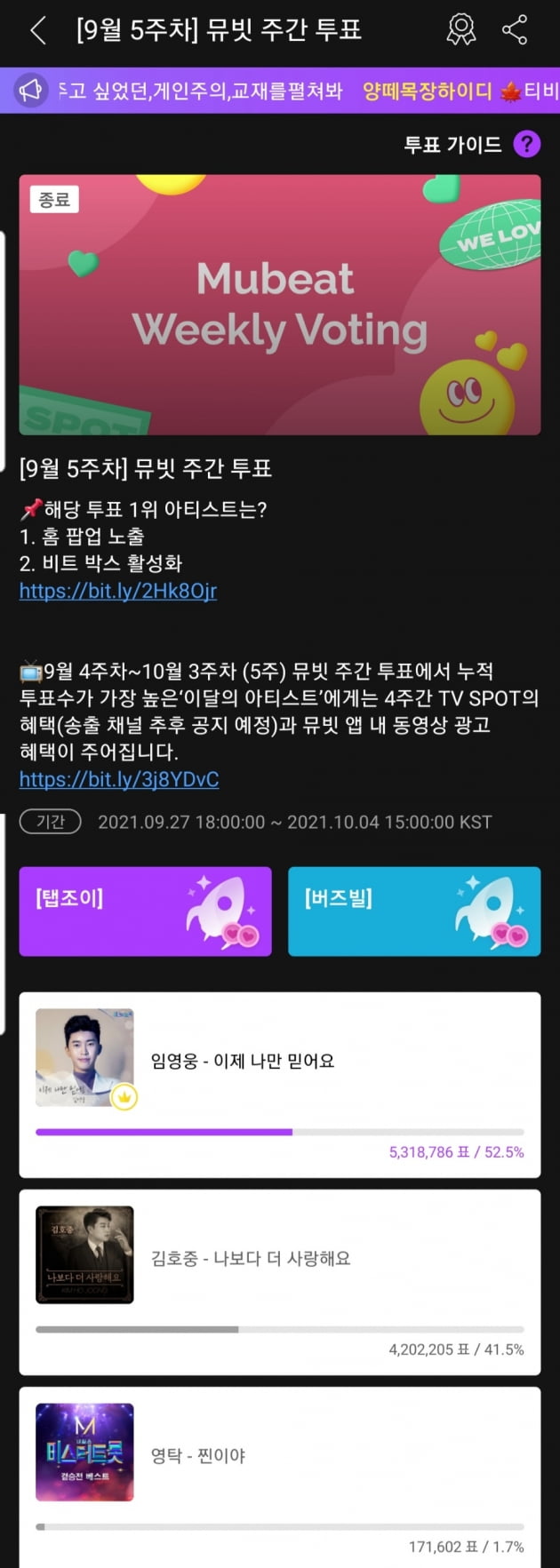 임영웅, '이제 나만 믿어요'로 뮤빗 위클리 투표 1위... 트롯 황제의 장기 집권