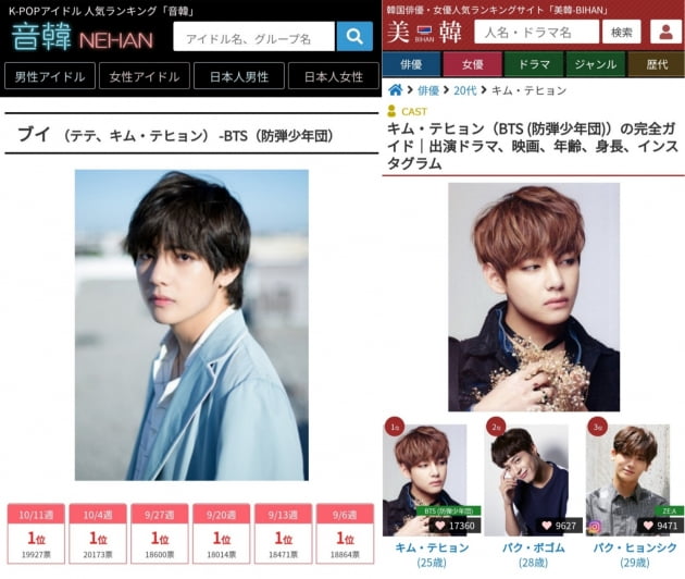 방탄소년단 뷔, 日 인기 NO.1 신한류 선봉장...태태월드 인기 올킬