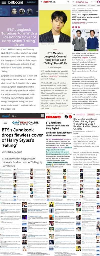 방탄소년단 정국 'Falling' 커버 美빌보드→틴보그 "치솟는 고음 아주 쉽게 내...올해의 커버곡"