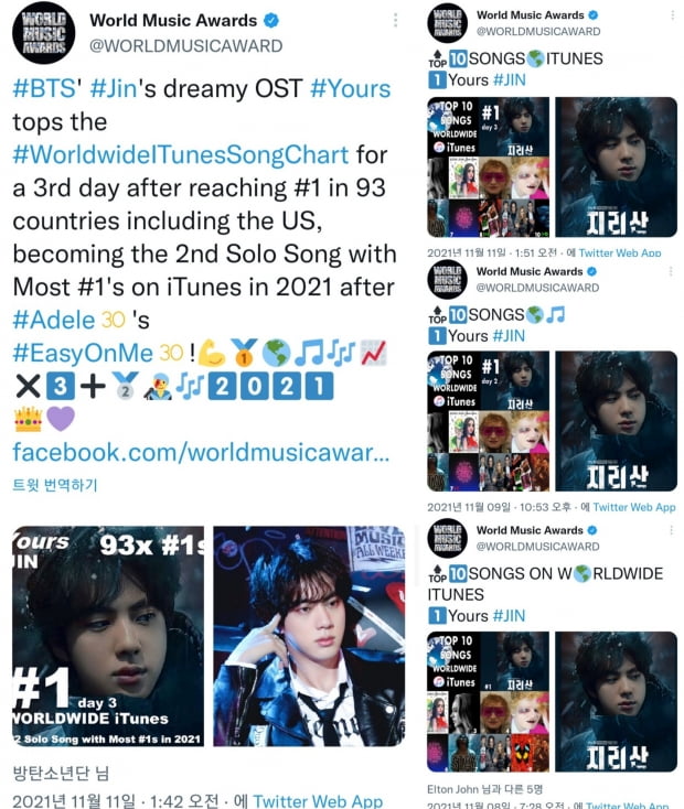 방탄소년단 진, 월드와이드 아이튠즈 송 차트 3일 연속 1위, 아이튠즈 93개국 음원 차트 석권
