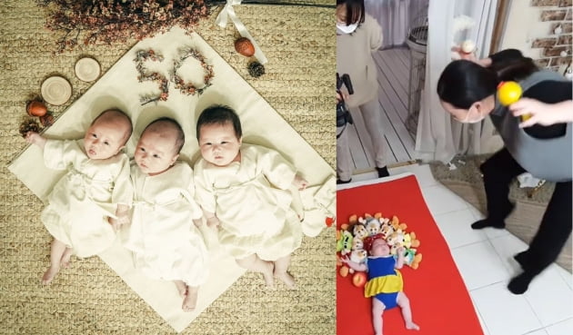 황신영, 혼신의 게다리로 완성한 삼둥이 50일 사진 "왜 엄마가 힘들지?"[TEN★]