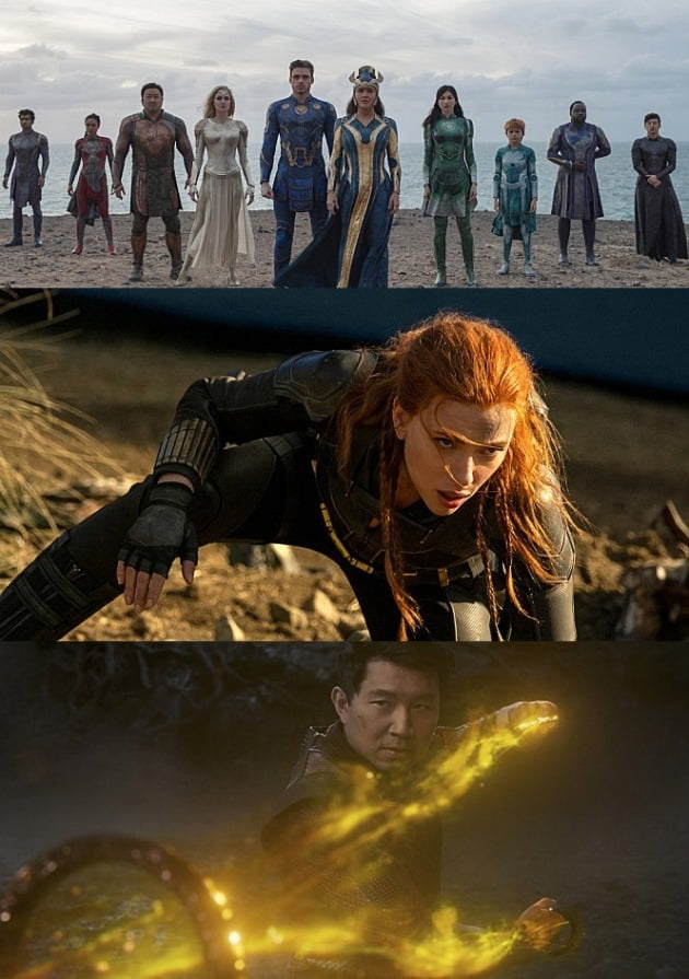 영화 '이터널스'(위부터 차례로), '블랙 위도우', '샹치와 텐 링즈의 전설' 스틸 / 사진제공=월트디즈니컴퍼니 코리아