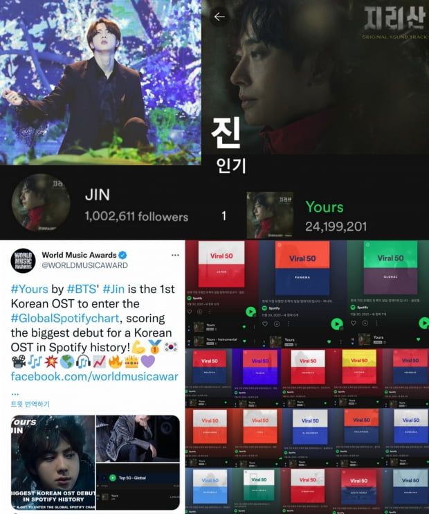방탄소년단 진, ‘Yours’ 한국 솔로곡 최초 일본 스포티파이 ‘위클리 바이럴 차트’ 2주 연속 2위