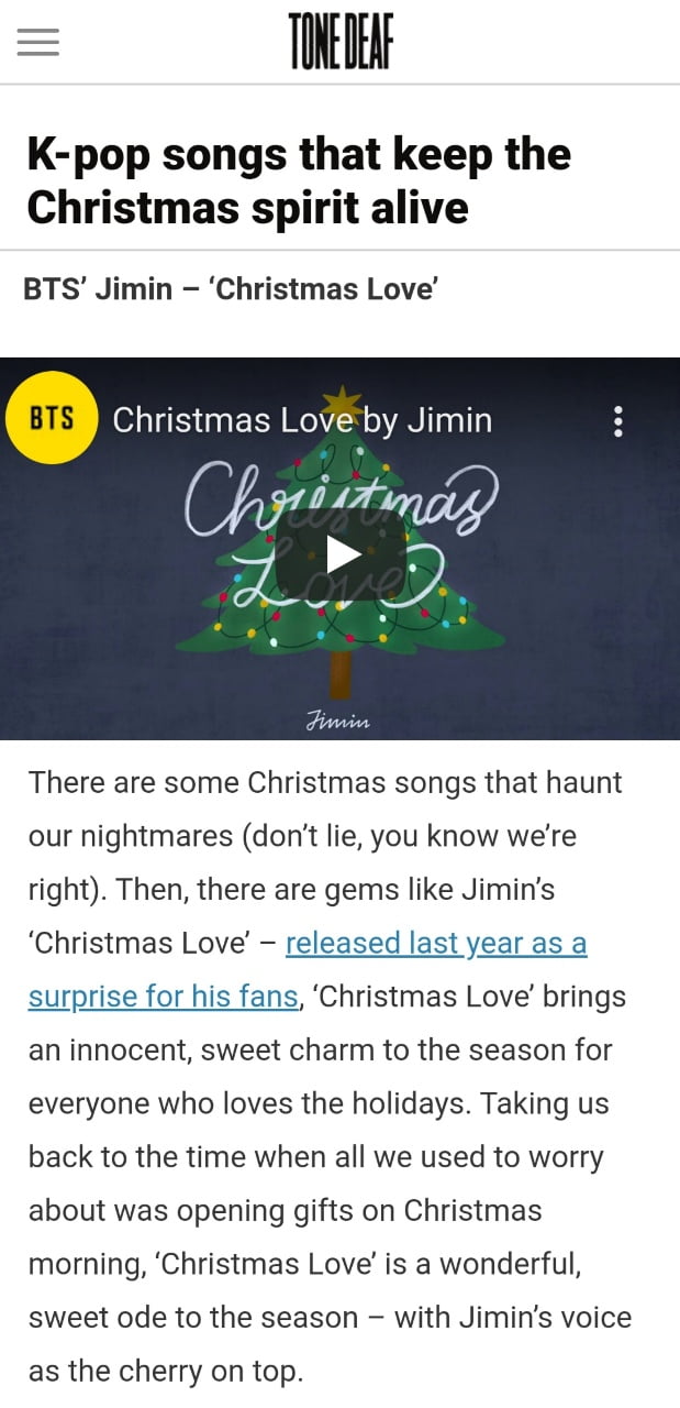 방탄소년단 지민 자작곡 '크리스마스 러브'...미국, 호주까지 지구촌 곳곳 점령
