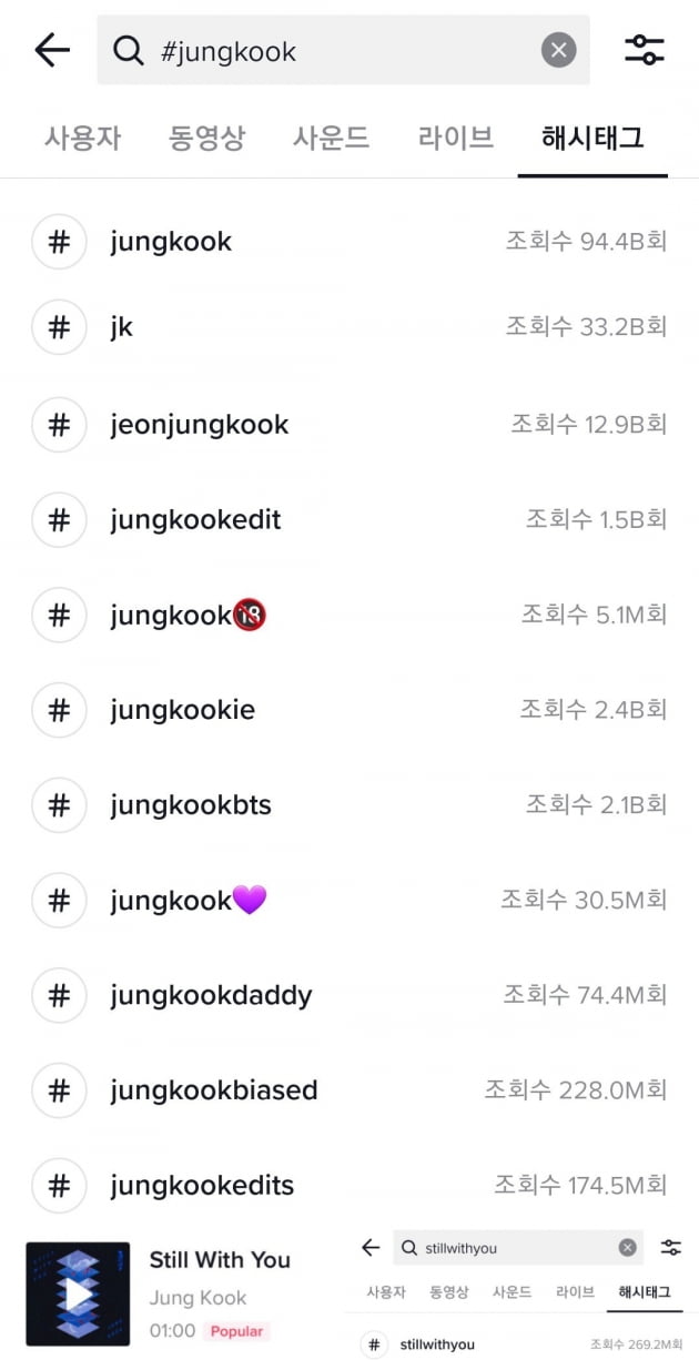 방탄소년단 정국 틱톡 #jungkook 4일 만에 10억뷰→940억뷰 돌파 '개인 1위'