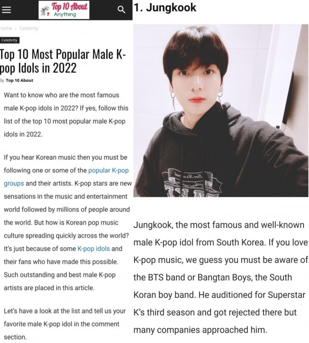 방탄소년단 정국, 2022년 가장 인기 있는 남자 K팝 아이돌 1위