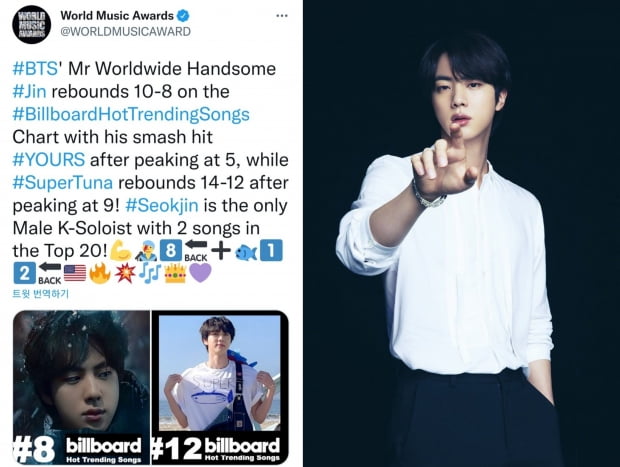 방탄소년단 진, ‘Yours’와 ‘슈퍼 참치’ 빌보드 '핫 트렌딩 송 주간 차트'에 한국 솔로곡 최초.유일 2곡 진입